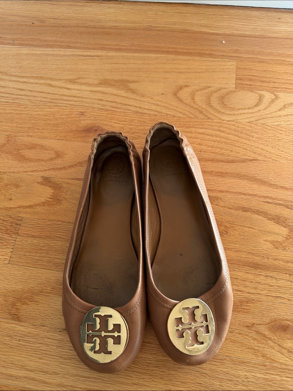 Tory Burch Brown Leather Ballet Flats with Gold Logo